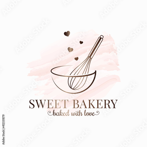Baking with wire whisk watercolor logo on white