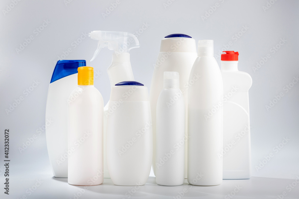 Hair and body cleansers and bathroom and window cleaners. Household chemicals on a white background. Hair and body cleansers and bathroom and window cleaners. Household chemicals on a white background.