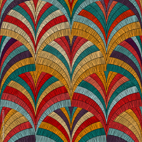 Seamless embroidered pattern. Wavy bohemian print. Patchwork ornament. Vector illustration.