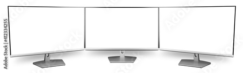 triple screen pc computer monitor flat screen front side view isolated on white wide panorama background. multimedia technology hardware communication  streaming concept