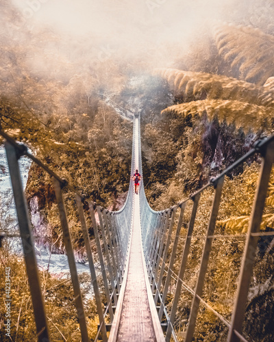Breathtaking view of a pedestrian suspension bridge over a river in aforest photo