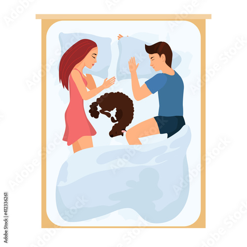 Sleeping family man and woman lie on the bed with a dog. Top view of the composition.