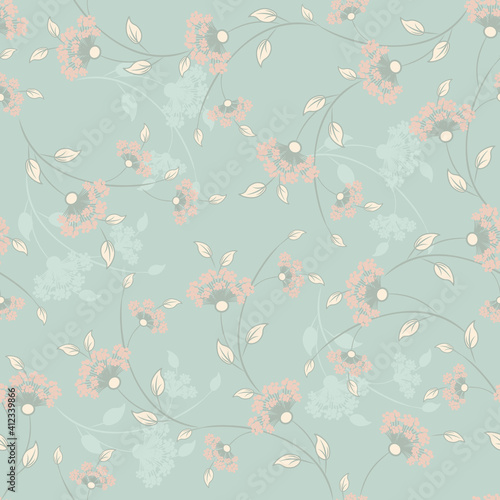 Vector floral seamless pattern. Abstract background with small tender flowers, leaves, branches. Liberty style wallpapers. Elegant ditsy texture. Soft pastel colors, green, peach, vanilla