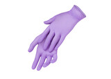 Medical nitrile gloves.Two purple surgical gloves isolated on white background with hands. Rubber glove manufacturing, human hand is wearing a latex glove. Doctor or nurse putting on protective gloves