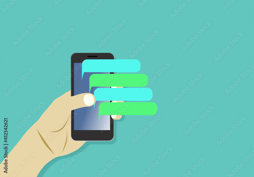 Ein männliche Hand hält ein Smartphone mit Sprechblasen über einem türkisen Hintergrund. Ein männliche Hand hält ein Smartphone mit Sprechblasen über einem türkisen Hintergrund.