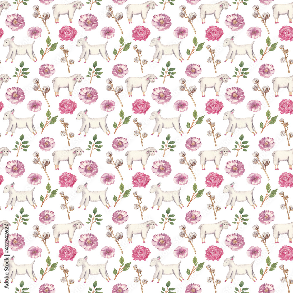 Watercolor seamless pattern with Easter animals and spring flowers. watercolor lamb, sheep. Seamless digital paper, scrapbooking, planner, wallpaper, digital background. Easter animals, spring decor.