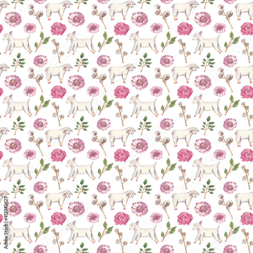 Watercolor seamless pattern with Easter animals and spring flowers. watercolor lamb, sheep. Seamless digital paper, scrapbooking, planner, wallpaper, digital background. Easter animals, spring decor.