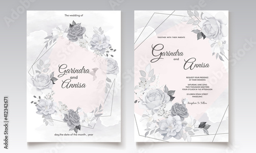  Elegant wedding invitation card with grey  floral and leaves template Premium Vector