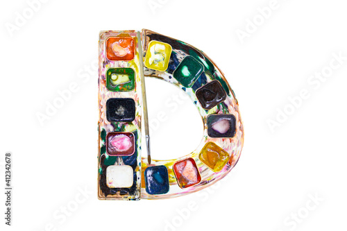Font, a letter D made of watercolors and paints