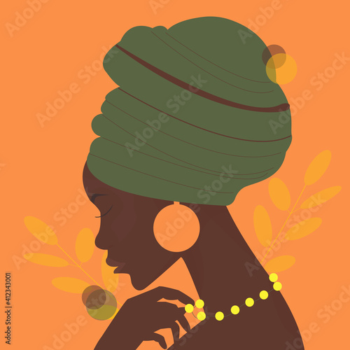African American woman Portrait of the young beautiful African woman in a turban, in a traditional headdress. Avatar of a girl with a scarf on her head for a social network. Portrait. Vector flat 
