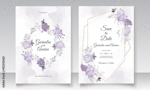  Elegant wedding invitation card with purple  floral and leaves template Premium Vector