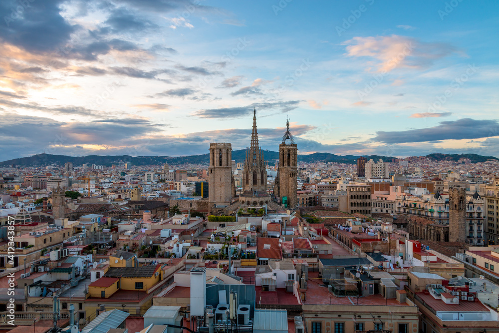 Picture of the famous Barcelona Cathedral captured during sunset.
