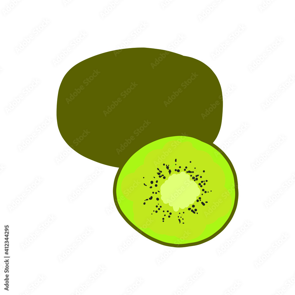 Obraz premium Exotic fruit Kiwi. summer fruit, whole fruit and half. Vector illustration cartoon flat icon isolated on white 
