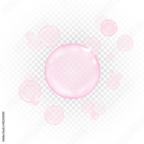Pink collagen bubbles isolated on transparent background. Realistic water serum droplets or bubble gum. Vector illustration of glass surface ball or rain drop. Oily vitamin serum beauty emulsion