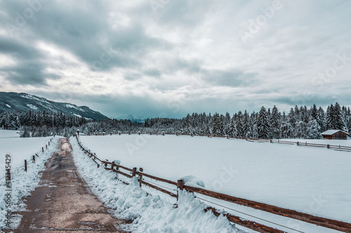 snow-covered winter landscape in the Alps, Germany.
