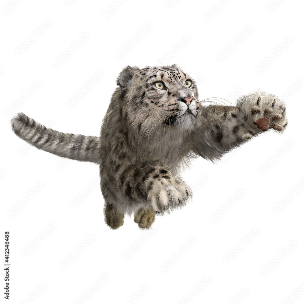 Obraz premium Snow Leopard pouncing. 3D illustration isolated on white.
