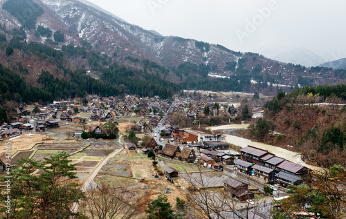 beautiful view of ncient traditional japanese country farm homes in shirakawa-go area photo