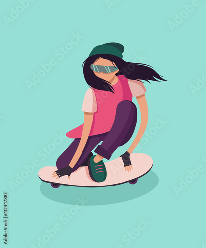 The Girl Skateboarding Posse. Girl on skateboard sketch vector illustration isolated. Urban man skateboarder cartoon character
