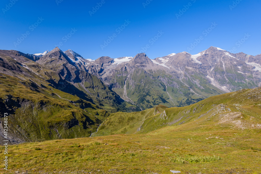 Great views to the peaks of the Austrian Alps, Hohe Tauern national park. Picturesque and beautiful scene. Near nice small city Kaprun, Austria, Europe.