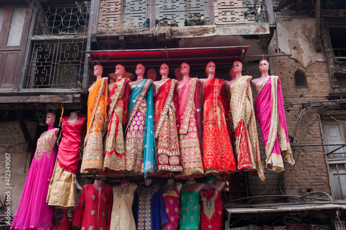 Sarees hung on display in an old market in central Kathmandu. photo