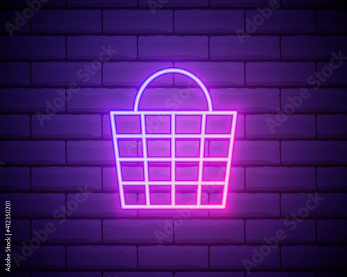 Vintage Glow Signboard with Empty Shopping Basket. Grocery, Supermarket, Marketing Concept. Shiny Neon Poster, Flyer, Banner, Business Card. Seamless Brick Wall. Vector 3d Illustration.