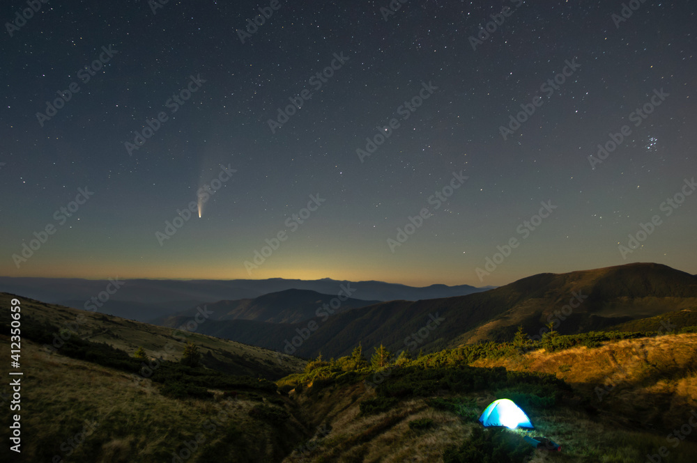 Tent against the background of the starry sky in the carpathian mountains Tent against the background of the starry sky in the carpathian mountains
