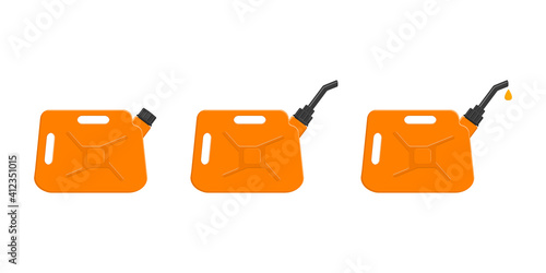 Gasoline cans with closing cap, spout and leaking petrol drop. Set of gas cans, fuel containers isolated on white background. Vector cartoon illustration