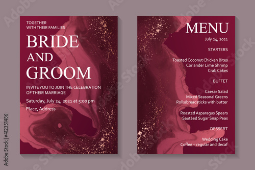 Modern abstract luxury wedding invitation design or card templates for birthday greeting or certificate or cover with red watercolor waves or fluid art in alcohol ink style with rose gold glitter.