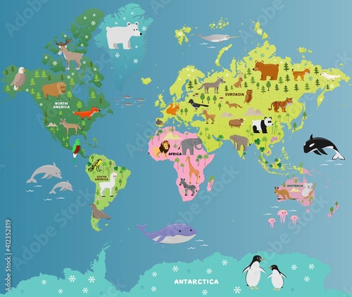 animal map of the world with for children and kids  vector flat illustration  cartoon poster
