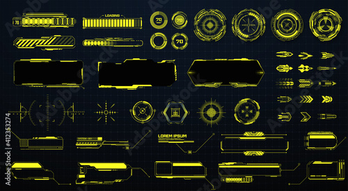 GUI, HUD, UI futuristic elements set. Sci Fi  Holographic hud user interface elements, high tech bars and frames. Isolated arrows, pointers, loading, circles, sight, callout bar labels. Vector 