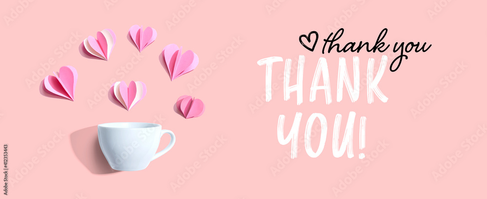 Thank you message with a coffee cup and paper hearts - flat lay Thank you message with a coffee cup and paper hearts - flat lay