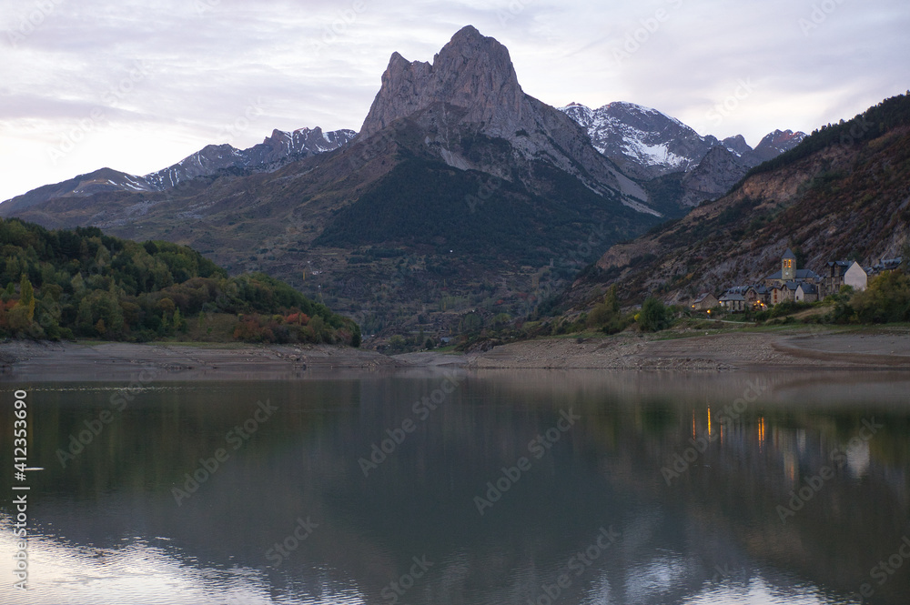 sunset at the Lanuza reservoir, in the Aragonese Pyrenees, Huesca, Spain.