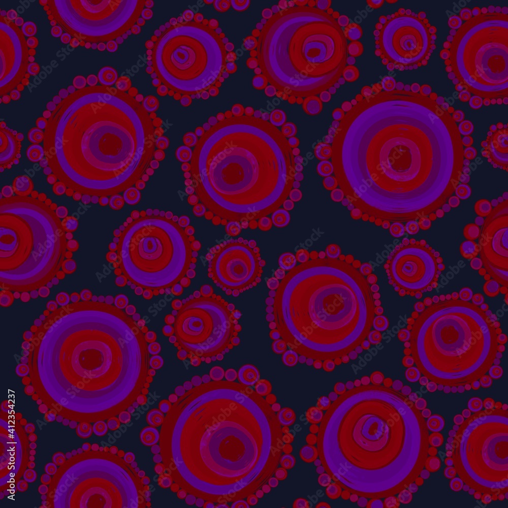 Geometric seamless pattern,texture with perfectly contacting nested circles with different size colors.Repeating pattern with circles filled with dots.For textile,wrapping paper,banner.Burgundy black Geometric seamless pattern,texture with perfectly contacting nested circles with different size colors.Repeating pattern with circles filled with dots.For textile,wrapping paper,banner.Burgundy black