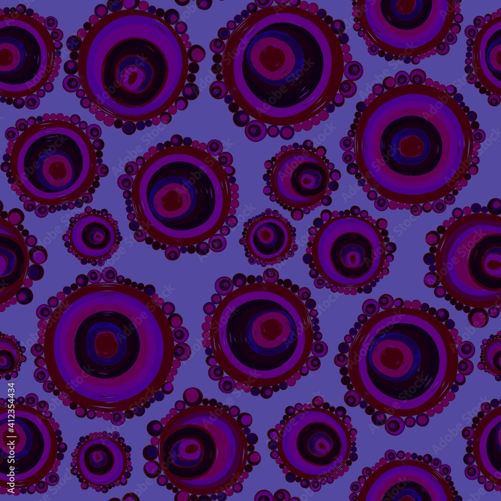 Fototapeta premium Geometric seamless pattern,texture with perfectly contacting nested circles with different size colors.Repeating pattern with circles filled with dots.For textile,wrapping paper,banner.Burgundy lilac