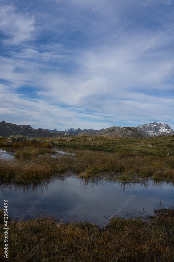 Ibon de Anayet and the Portalet with the bottom the Anayet peak. Concept famous mountains of the Aragonese Pyrenees