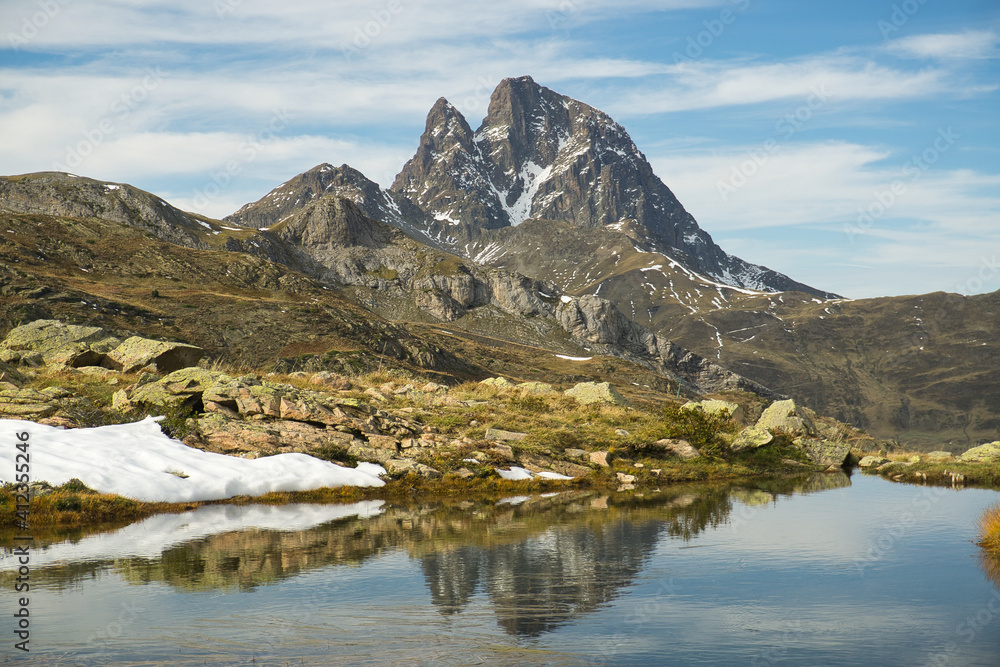 Ibon de Anayet and the Portalet with the bottom the Anayet peak. Concept famous mountains of the Aragonese Pyrenees