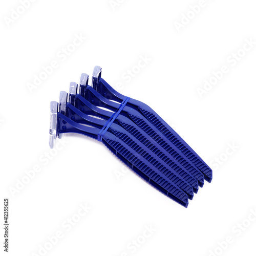 Packaging blue disposable razor blade isolated on white background