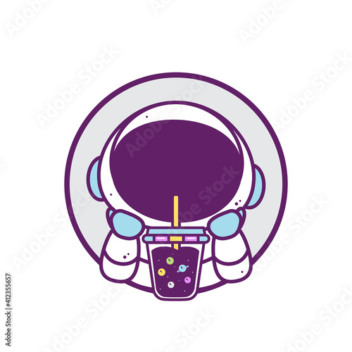 cute astronaut drink bubble tea logo