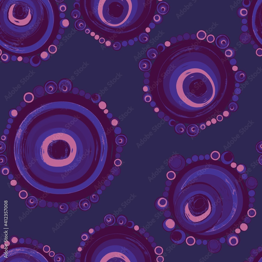 Geometric seamless pattern,texture with perfectly contacting nested circles with different size colors.Repeating pattern with circles filled with dots.For textile,wrapping paper,banner.Purple on blue Geometric seamless pattern,texture with perfectly contacting nested circles with different size colors.Repeating pattern with circles filled with dots.For textile,wrapping paper,banner.Purple on blue