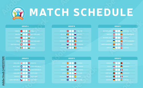 Football 2020 tournament final stage groups vector stock illustration with matches schedule. 2020 European soccer tournament table with background. Vector country flags