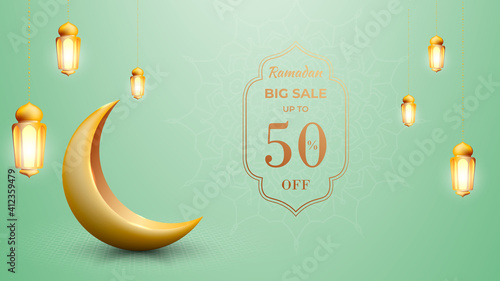 Elegant ramadan sale banner design with golden moon and lantern