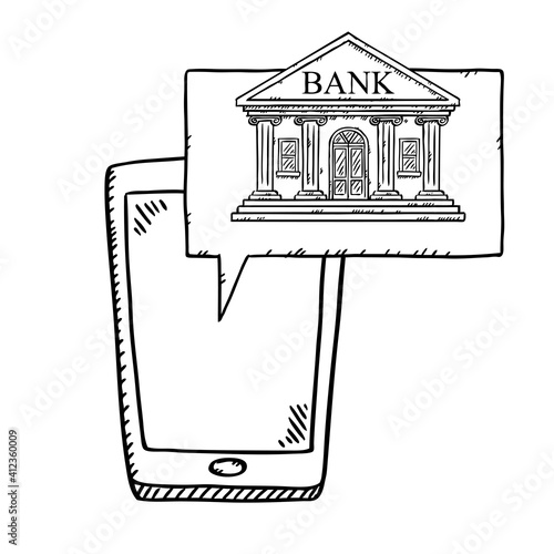 Black and white doodle style illustration of hand holding smartphone with bank aplication on screen. Hand drawn vector illustration of online banking.

