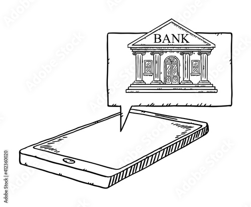 Black and white, doodle style vector illustration of smartphone and bank application on screen. Hand drawn vector illustration of online banking.