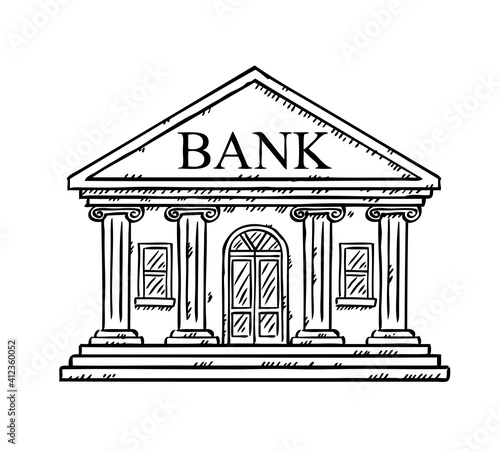 Black and white doodle style vector illustration of bank. Hand drawn vector illustration of online banking.
