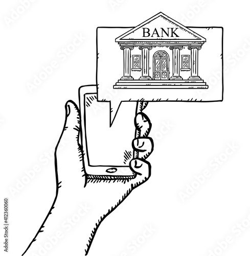 Black and white doodle style vector illustration of hand holding smartphone with bank aplication on screen. Hand drawn vector illustration of online banking.