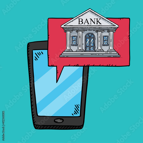 Colorful, doodle style illustration of hand holding smartphone with bank aplication on screen. Hand drawn vector illustration of online banking.