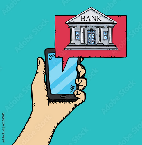 Colorful, doodle style vector illustration of hand holding smartphone with bank aplication on screen. Hand drawn vector illustration of online banking.