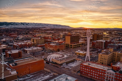 Aerial View of Downtown Casper, Wyoming at Dusk on Christmas Day photo