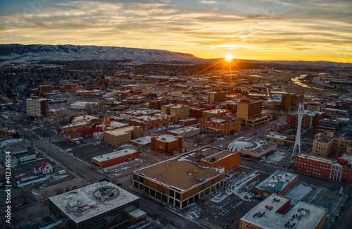 Aerial View of Downtown Casper, Wyoming at Dusk on Christmas Day photo