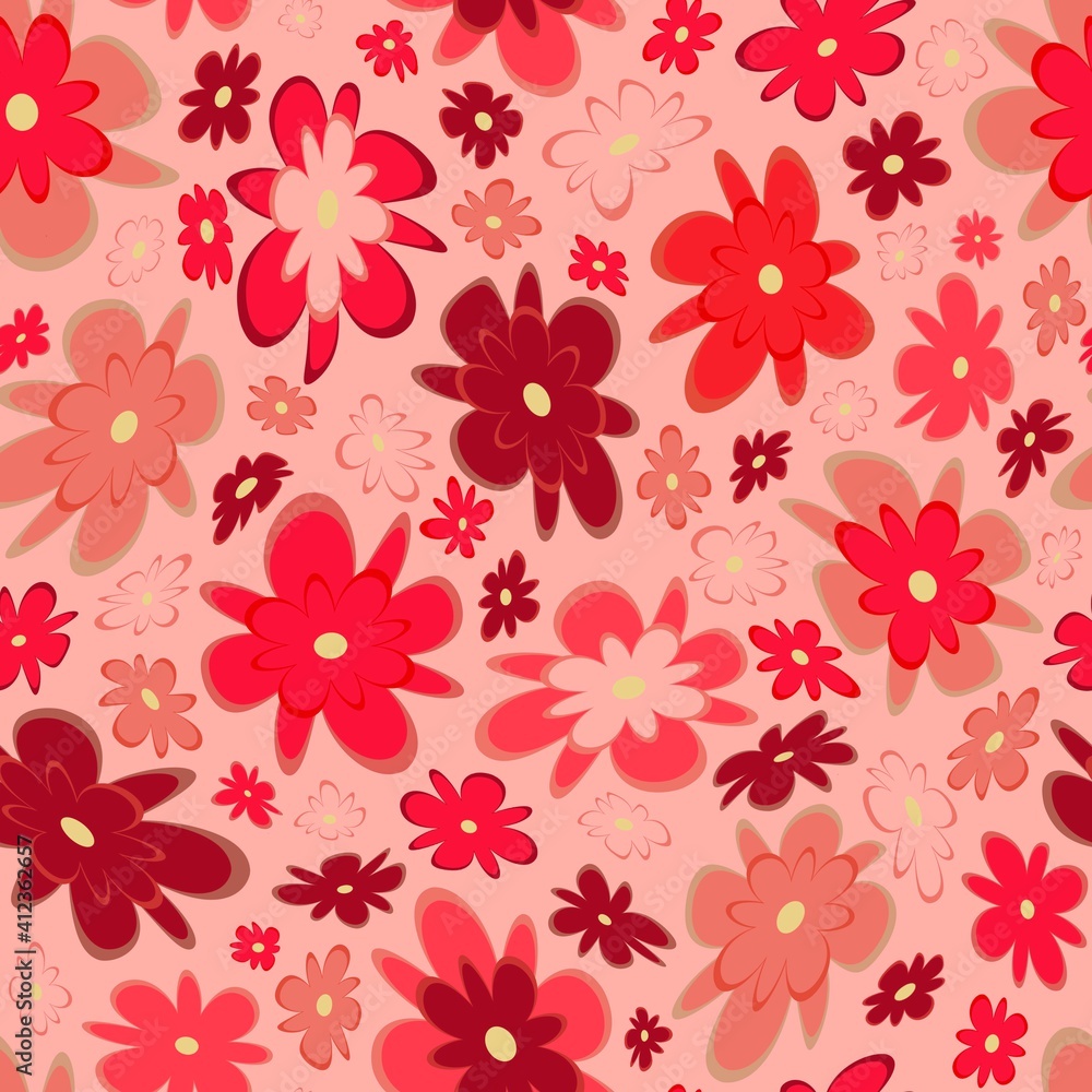 Trendy fabric pattern with miniature flowers.Summer print.Fashion design.Motifs scattered random.Elegant template for fashion prints.Good for fashion,textile,fabric,gift wrapping paper.Coral on pink